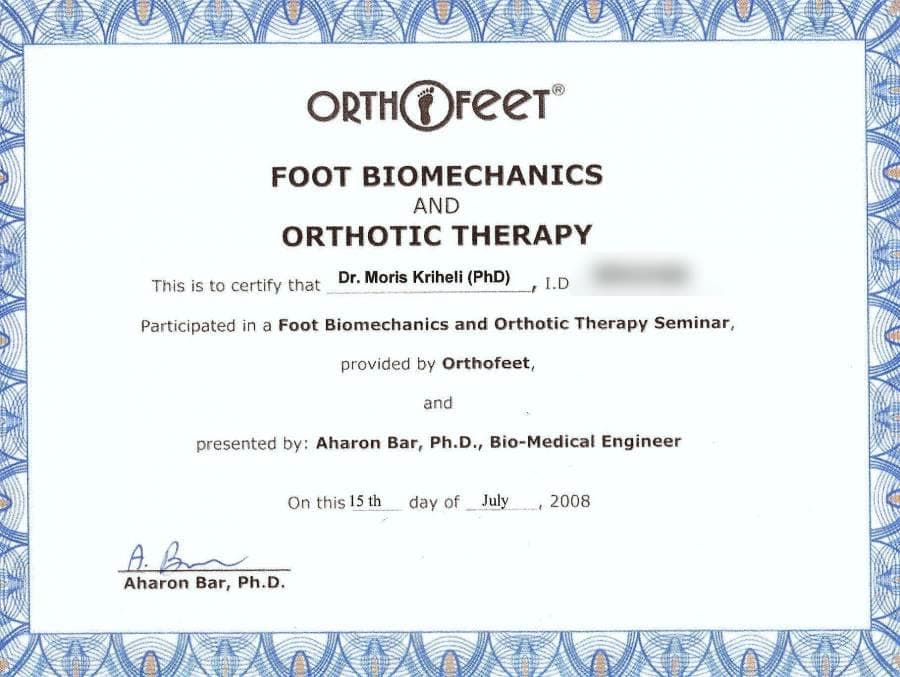 תעודת Foot Biomechanics and Orthotic Therapy על שם מוריס קריחלי, 2008