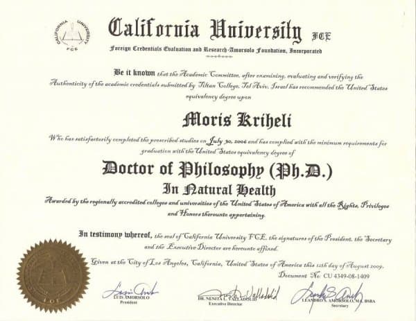 תעודת Doctor of Philosophy ברפואה טבעית על שם מוריס קריחלי, California University FCE, 2009
